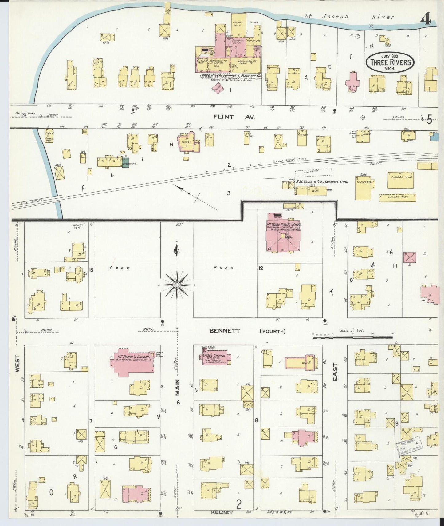 Sanborn Fire Insurance Map from Three Rivers, Saint Joseph County, Michigan (1909), Sheet #0004 - Historic Sanborn Fire Insurance Map Print, vintage old map wall art, antique decor, genealogy gift, Michigan Michigan map
