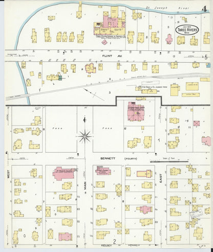 Sanborn Fire Insurance Map from Three Rivers, Saint Joseph County, Michigan (1909), Sheet #0004 - Historic Sanborn Fire Insurance Map Print, vintage old map wall art, antique decor, genealogy gift, Michigan Michigan map