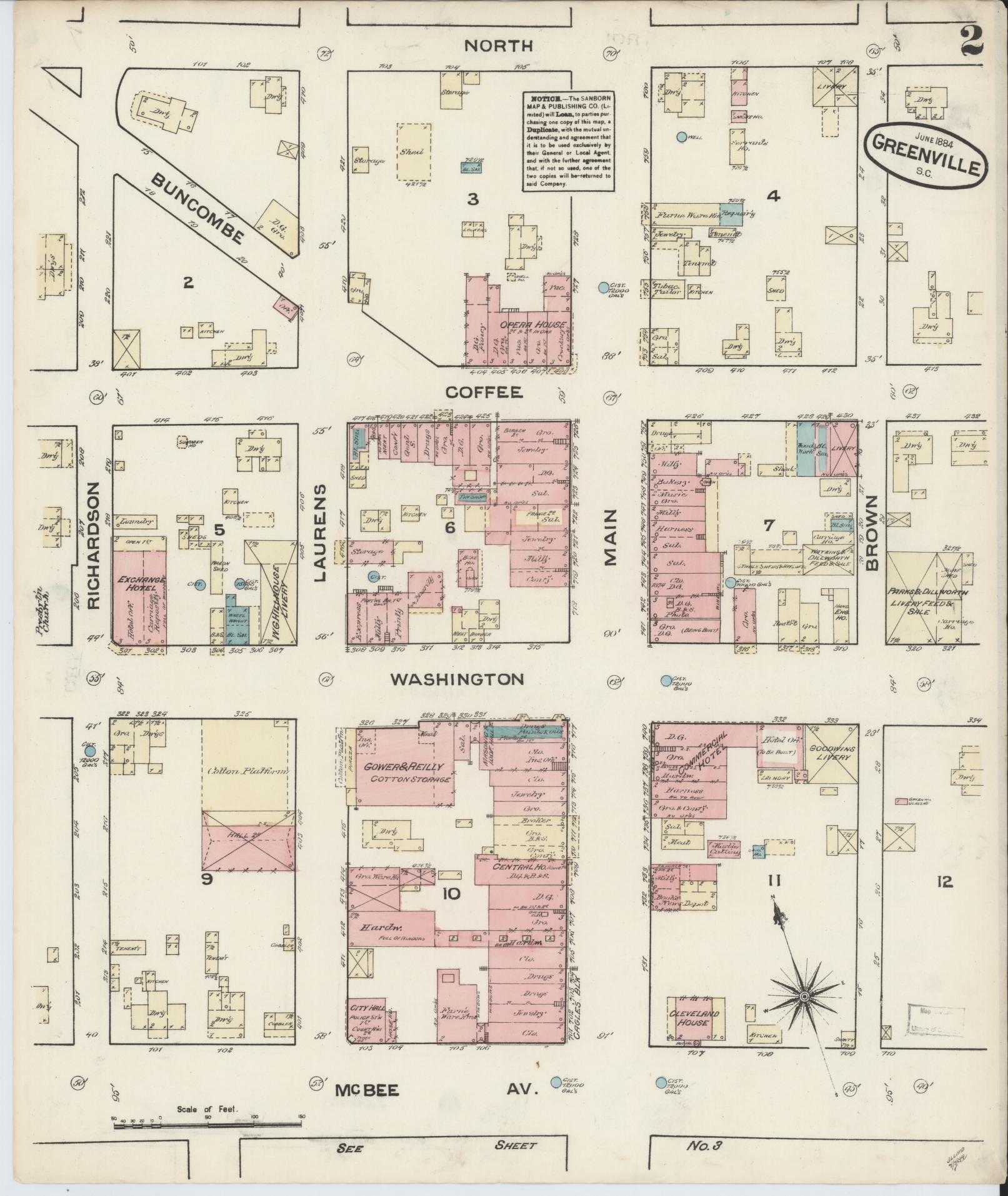 Sanborn Fire Insurance Map from Greenville, Greenville County, South Carolina (1884), Sheet #0002 - Historic Sanborn Fire Insurance Map Print, vintage old map wall art, antique decor, genealogy gift, South Carolina South Carolina map