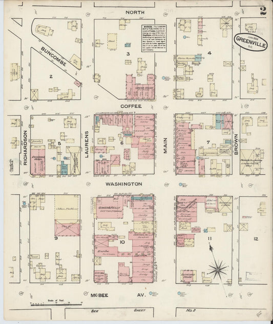 Sanborn Fire Insurance Map from Greenville, Greenville County, South Carolina (1884), Sheet #0002 - Historic Sanborn Fire Insurance Map Print, vintage old map wall art, antique decor, genealogy gift, South Carolina South Carolina map