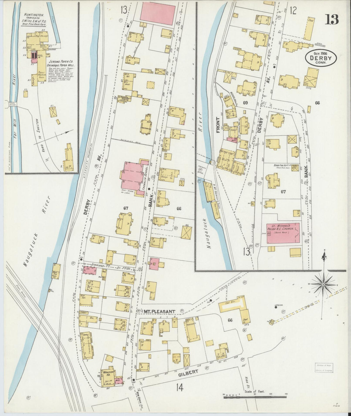 Sanborn Fire Insurance Map from Derby, New Haven County, Connecticut (1906), Sheet #0013 - Historic Sanborn Fire Insurance Map Print, vintage old map wall art, antique decor, genealogy gift, Connecticut Connecticut map