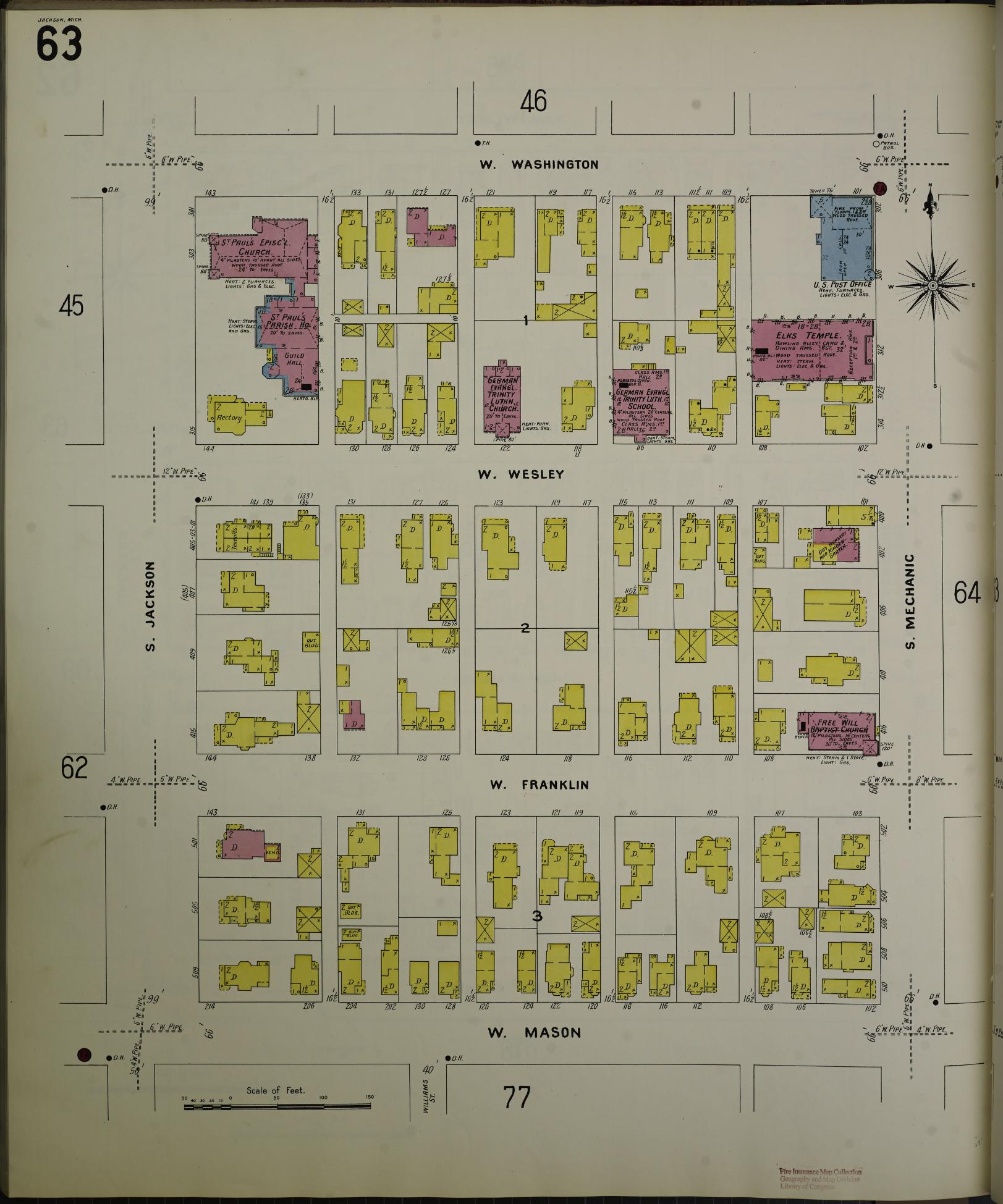 Sanborn Fire Insurance Map from Jackson, Jackson County, Michigan (1907), Sheet #0063 - Complete Map Set gallery image, historic Sanborn map, vintage wall art, Michigan Michigan