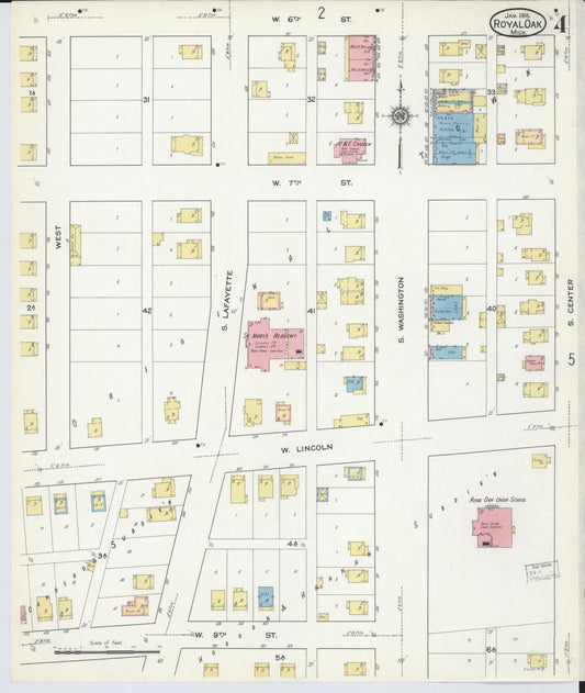 Sanborn Fire Insurance Map from Royal Oak, Oakland County, Michigan (1916), Sheet #0004 - Historic Sanborn Fire Insurance Map Print, vintage old map wall art, antique decor, genealogy gift, Michigan Michigan map