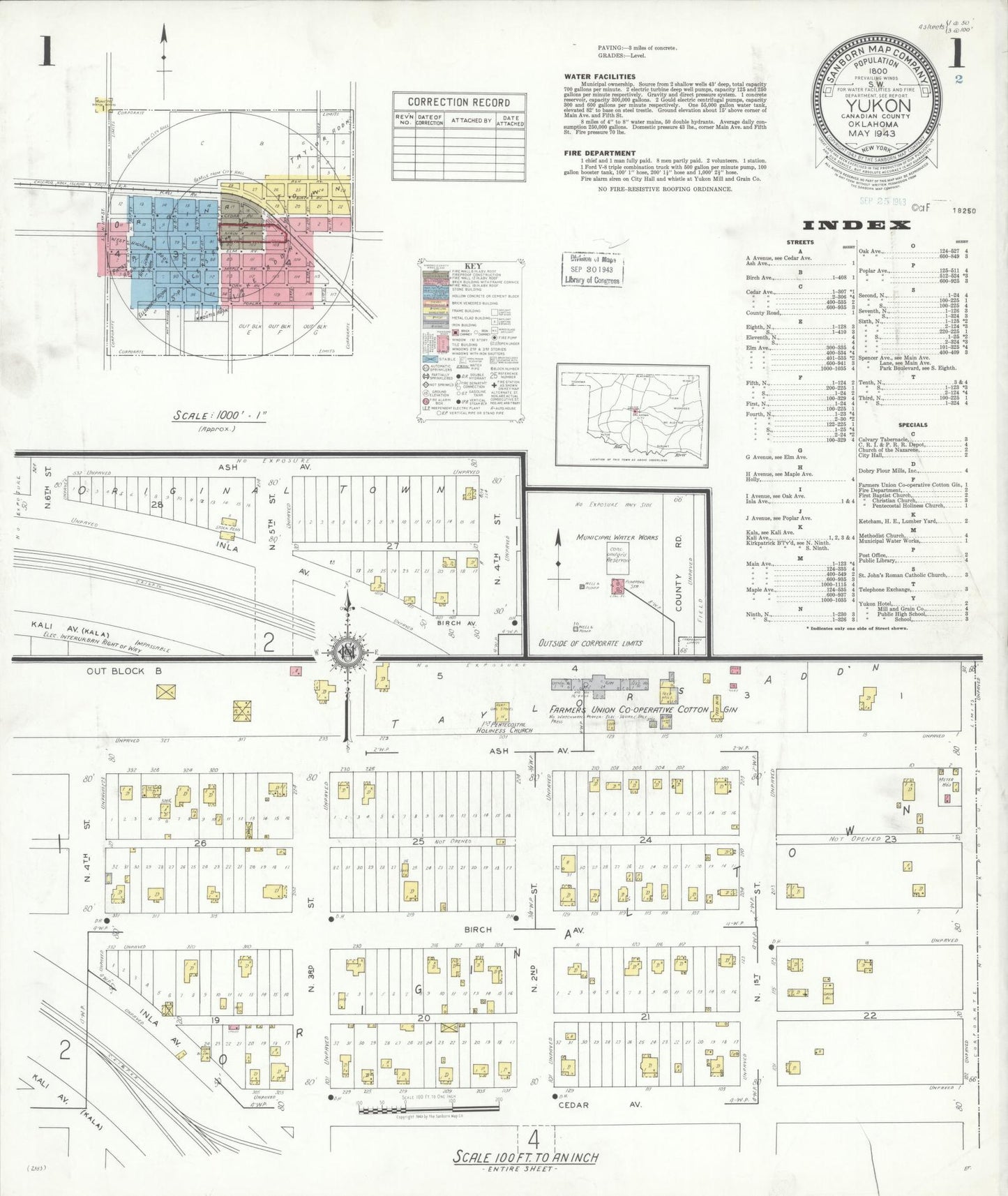 Sanborn Fire Insurance Map from Yukon, Canadian County, Oklahoma (1943), Sheet #0001 - Historic Sanborn Fire Insurance Map Print, vintage old map wall art, antique decor, genealogy gift, Oklahoma Oklahoma map