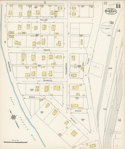 Sanborn Fire Insurance Map from Roseburg, Douglas County, Oregon (1912), Sheet #0013 - Historic Sanborn Fire Insurance Map Print, vintage old map wall art, antique decor, genealogy gift, Oregon Oregon map