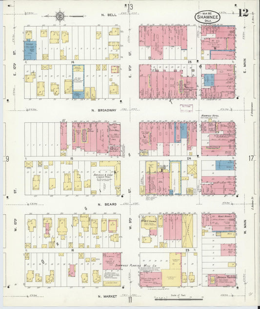 Sanborn Fire Insurance Map from Shawnee, Pottawatomie County, Oklahoma (1912), Sheet #0012 - Historic Sanborn Fire Insurance Map Print, vintage old map wall art, antique decor, genealogy gift, Oklahoma Oklahoma map