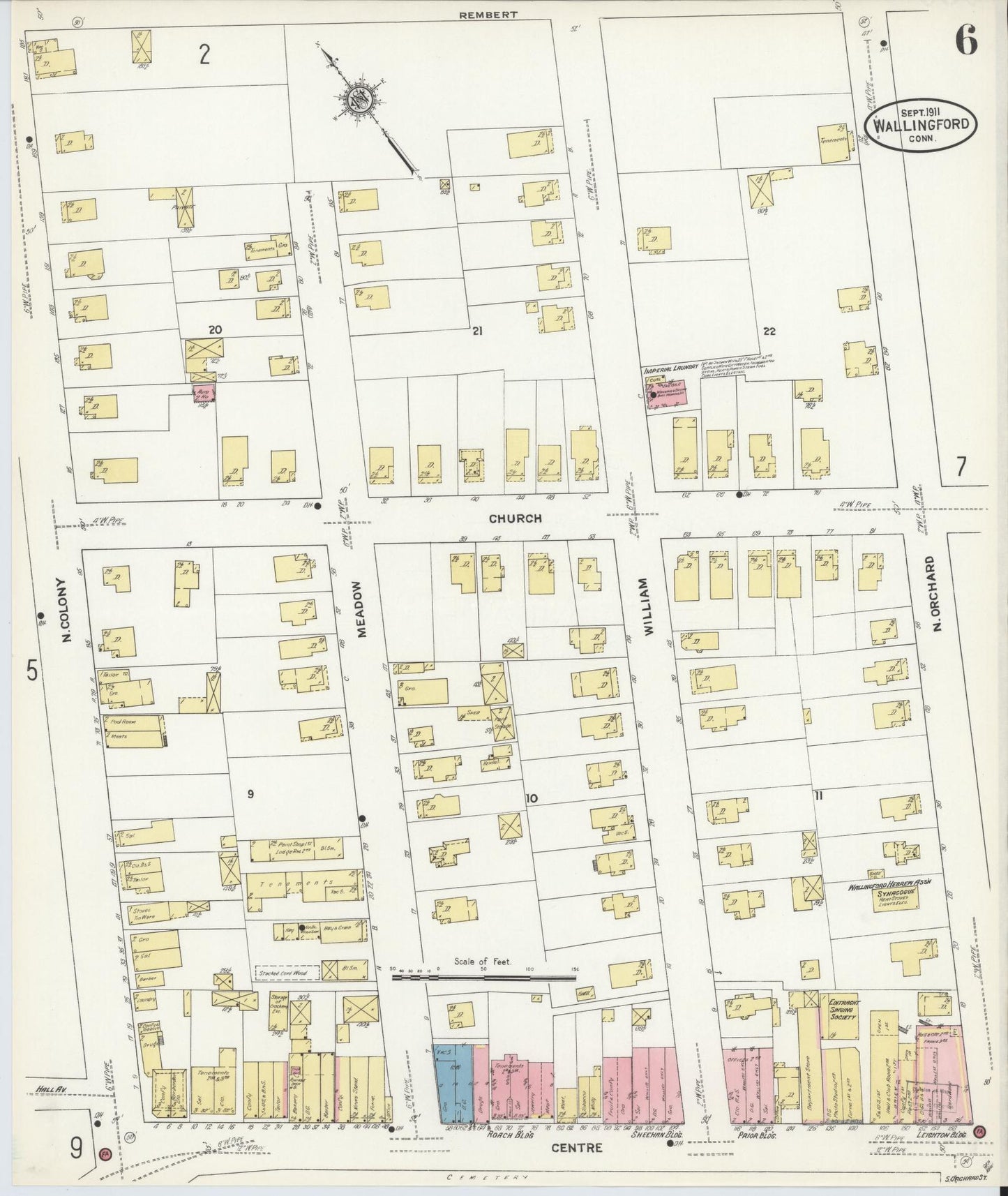 Sanborn Fire Insurance Map from Wallingford, New Haven County, Connecticut (1911), Sheet #0006 - Historic Sanborn Fire Insurance Map Print, vintage old map wall art, antique decor, genealogy gift, Connecticut Connecticut map