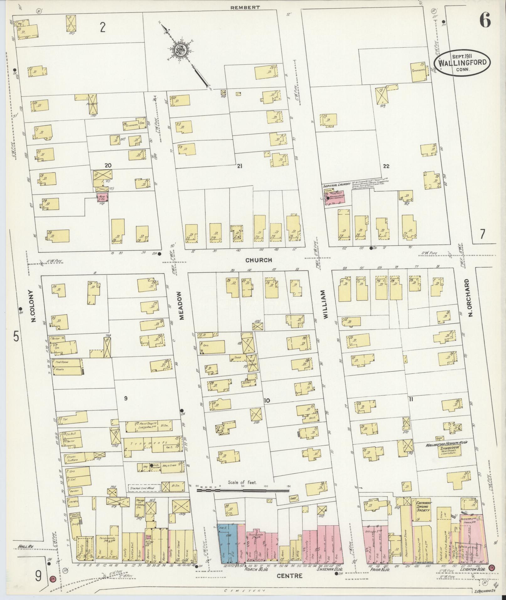 Sanborn Fire Insurance Map from Wallingford, New Haven County, Connecticut (1911), Sheet #0006 - Historic Sanborn Fire Insurance Map Print, vintage old map wall art, antique decor, genealogy gift, Connecticut Connecticut map