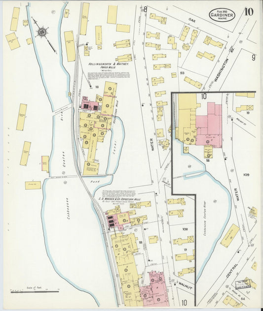 Sanborn Fire Insurance Map from Gardiner, Kennebec County, Maine (1910), Sheet #0010 - Historic Sanborn Fire Insurance Map Print, vintage old map wall art, antique decor, genealogy gift, Maine Maine map