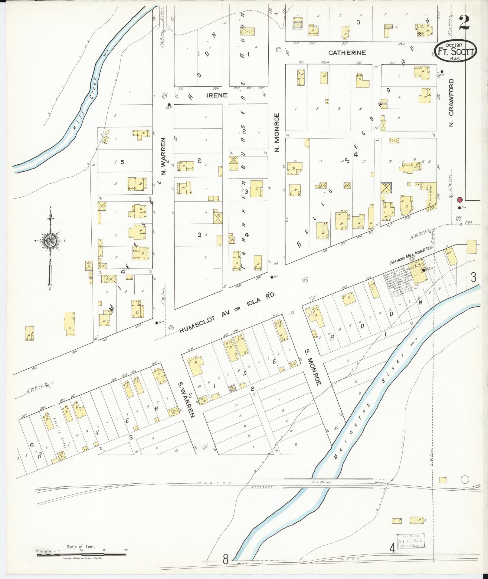Sanborn Fire Insurance Map from Fort Scott, Bourbon County, Kansas (1917), Sheet #0002 - Complete Map Set gallery image, historic Sanborn map, vintage wall art, Kansas Kansas
