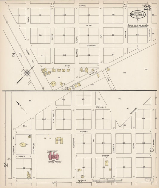 Sanborn Fire Insurance Map from Waycross, Ware County, Georgia (1922), Sheet #0023 - Historic Sanborn Fire Insurance Map Print, vintage old map wall art, antique decor, genealogy gift, Georgia Georgia map