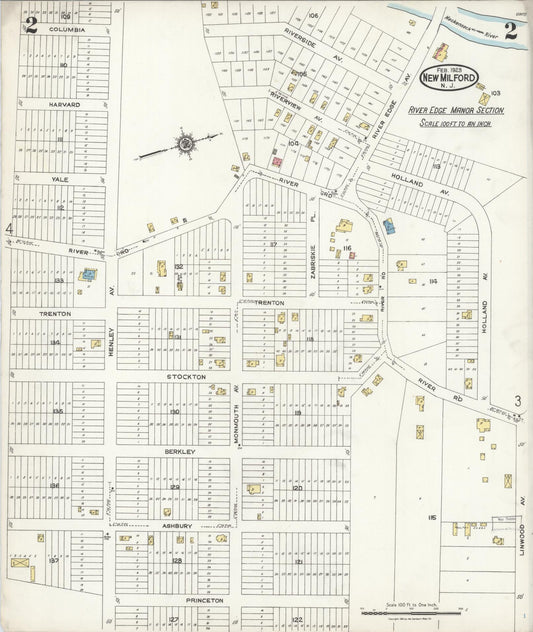 Sanborn Fire Insurance Map from New Milford, Bergen County, New Jersey (1923), Sheet #0002 - Historic Sanborn Fire Insurance Map Print, vintage old map wall art, antique decor, genealogy gift, New Jersey New Jersey map