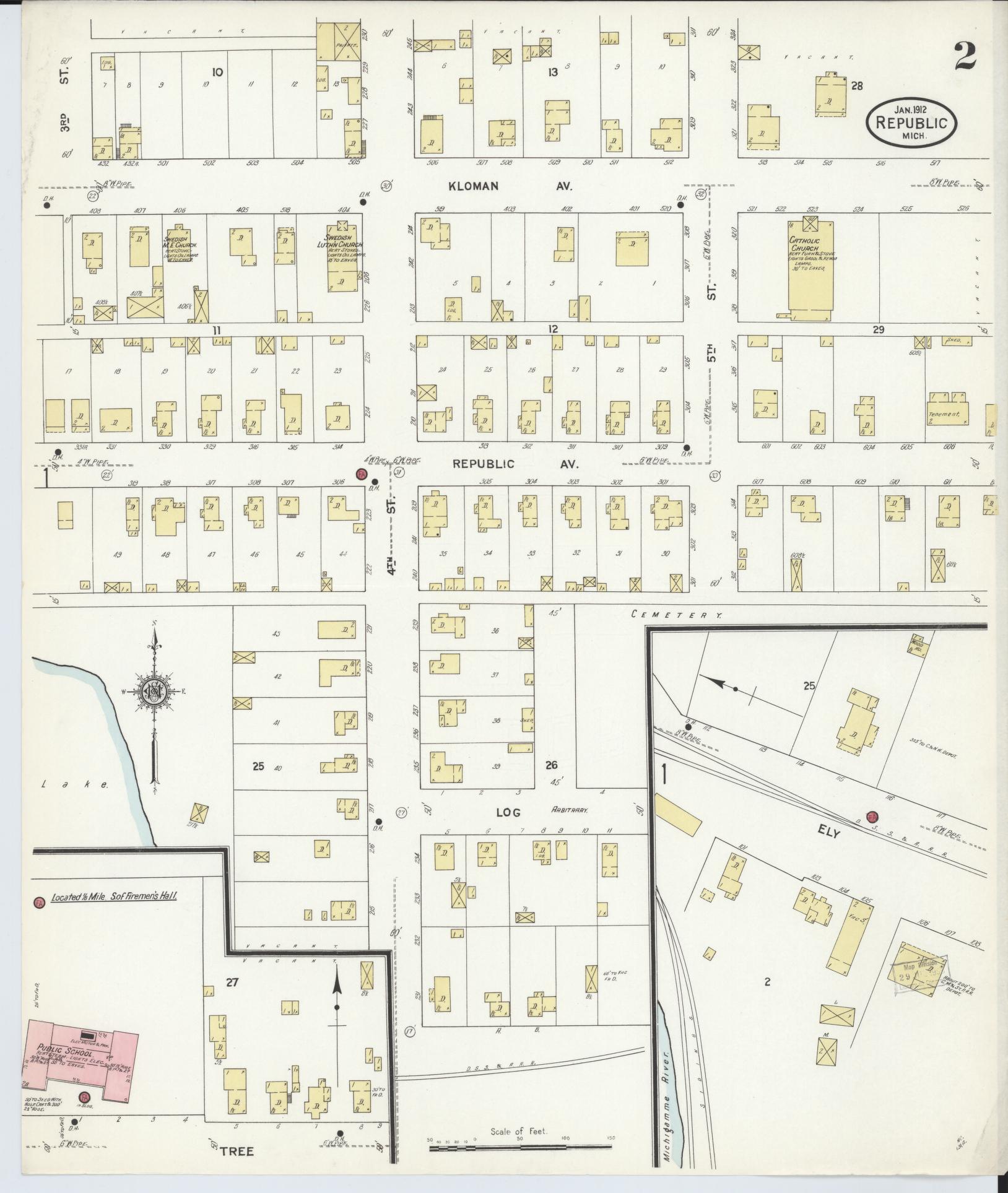 Sanborn Fire Insurance Map from Republic, Marquette County, Michigan (1912), Sheet #0002 - Complete Map Set gallery image, historic Sanborn map, vintage wall art, Michigan Michigan