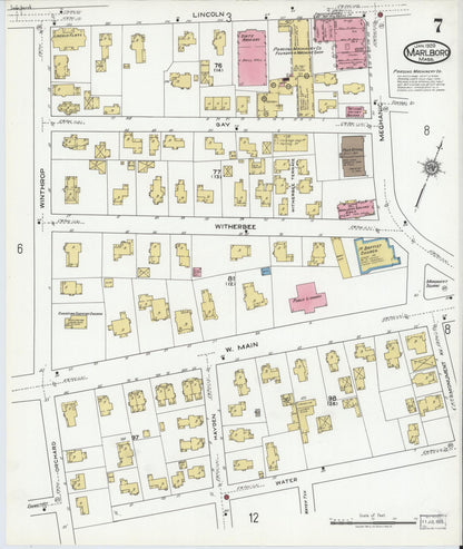 Sanborn Fire Insurance Map from Marlborough, Middlesex County, Massachusetts (1920), Sheet #0007 - Historic Sanborn Fire Insurance Map Print, vintage old map wall art, antique decor, genealogy gift, Massachusetts Massachusetts map