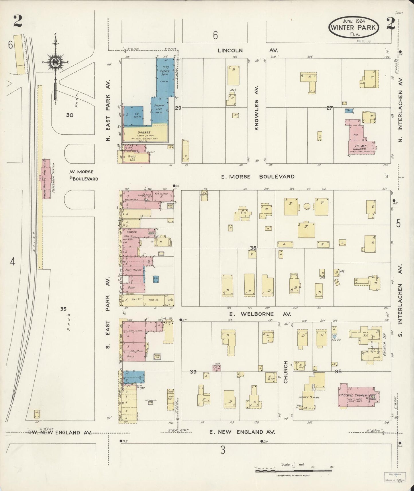Sanborn Fire Insurance Map from Winter Park, Orange County, Florida (1924), Sheet #0002 - Complete Map Set gallery image, historic Sanborn map, vintage wall art, Florida Florida