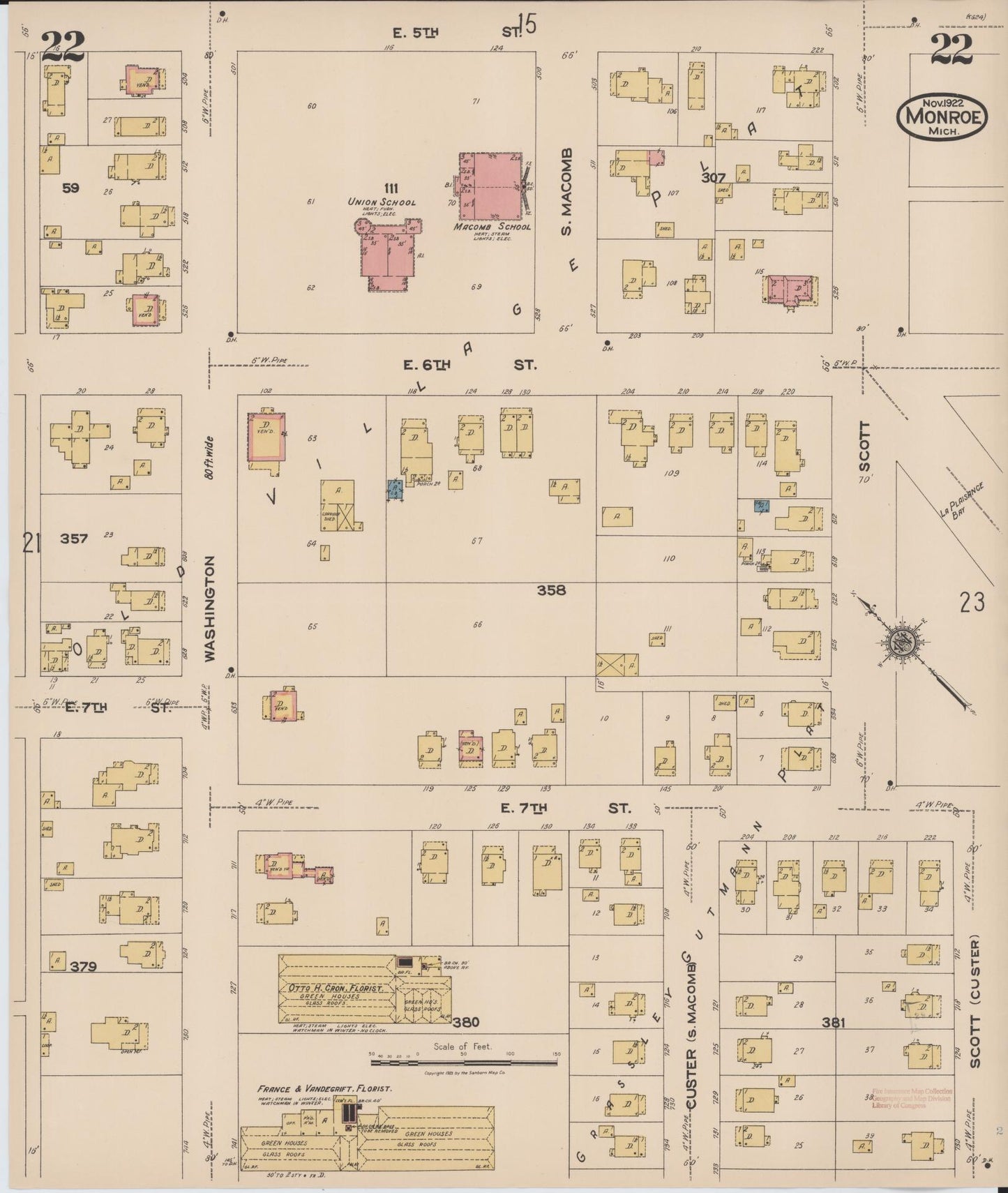 Sanborn Fire Insurance Map from Monroe, Monroe County, Michigan (1922), Sheet #0022 - Complete Map Set gallery image, historic Sanborn map, vintage wall art, Michigan Michigan