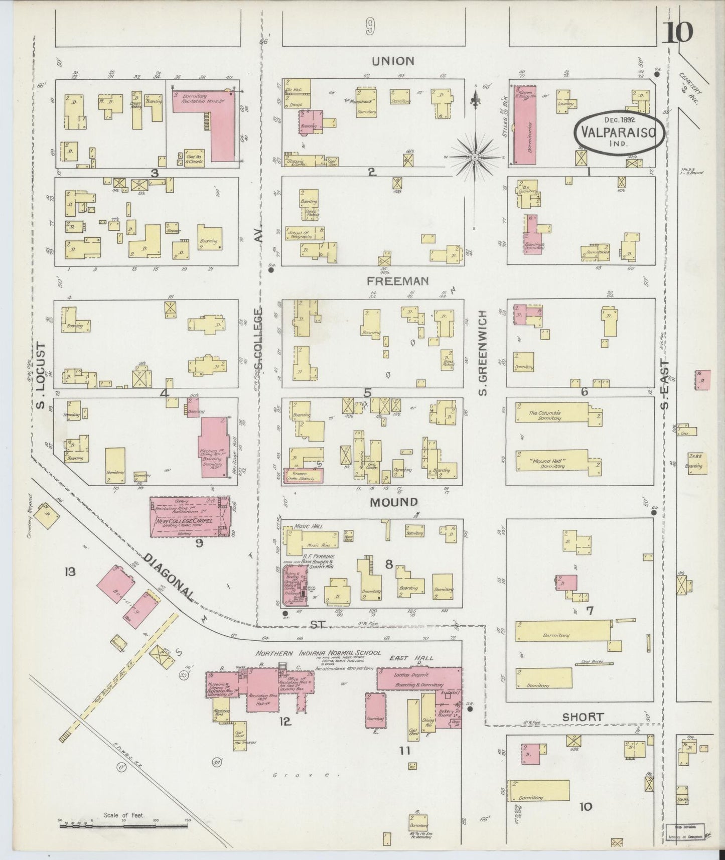 Sanborn Fire Insurance Map from Valparaiso, Porter County, Indiana (1892), Sheet #0010 - Historic Sanborn Fire Insurance Map Print, vintage old map wall art, antique decor, genealogy gift, Indiana Indiana map