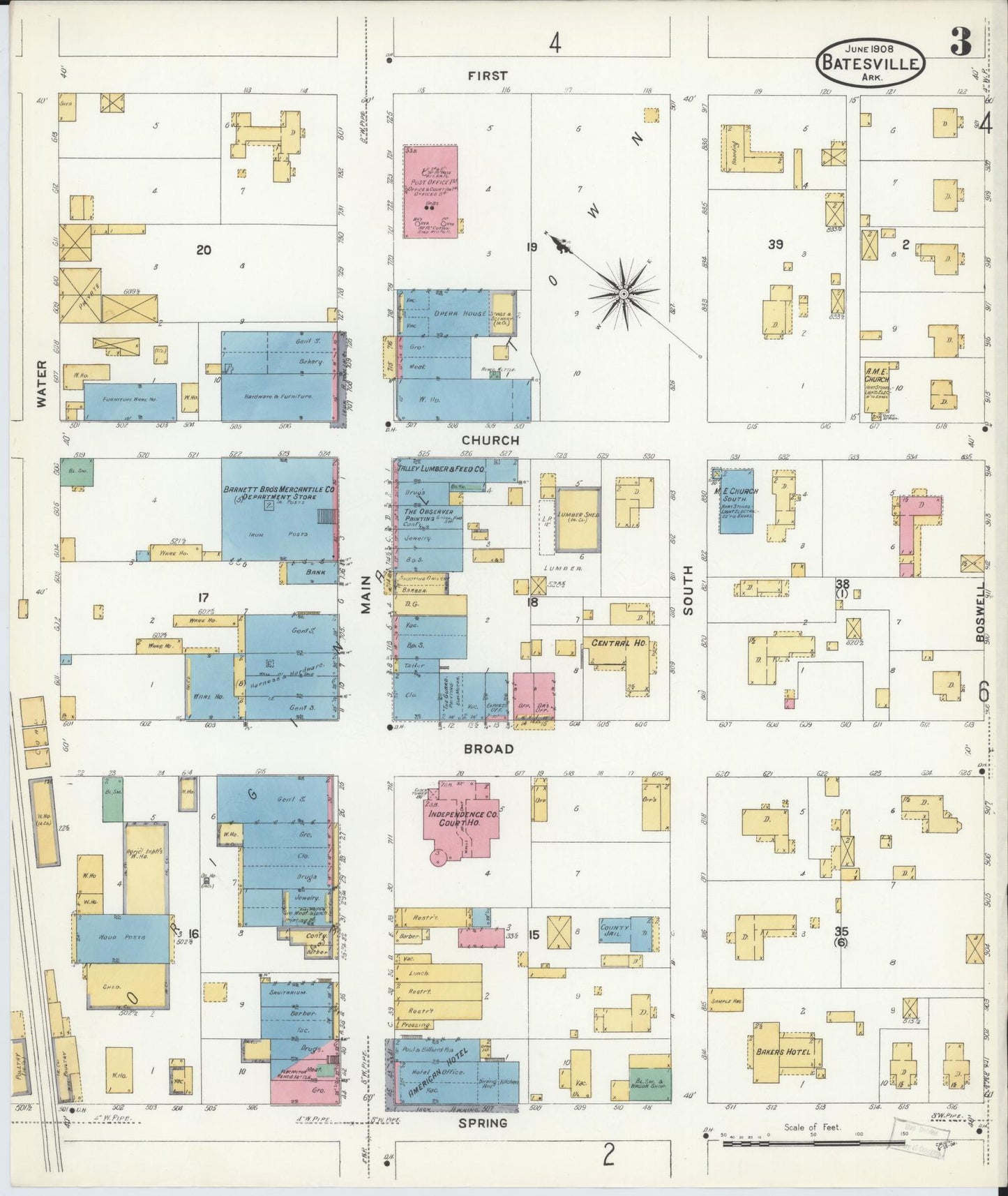Sanborn Fire Insurance Map from Batesville, Independence County, Arkansas (1908), Sheet #0003 - Complete Map Set gallery image, historic Sanborn map, vintage wall art, Arkansas Arkansas