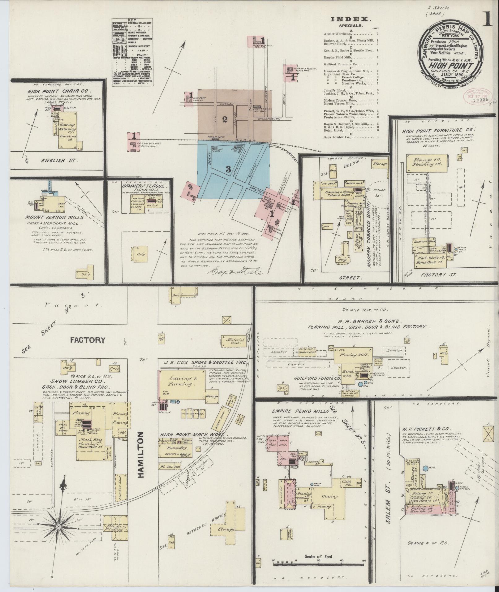 Sanborn Fire Insurance Map from High Point, Guilford County, North Carolina (1890), Sheet #0001 - Complete Map Set gallery image, historic Sanborn map, vintage wall art, North Carolina North Carolina