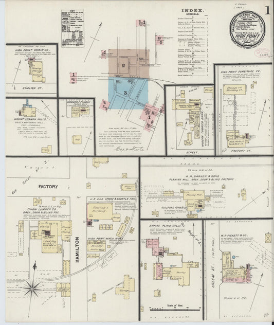 Sanborn Fire Insurance Map from High Point, Guilford County, North Carolina (1890), Sheet #0001 - Complete Map Set gallery image, historic Sanborn map, vintage wall art, North Carolina North Carolina