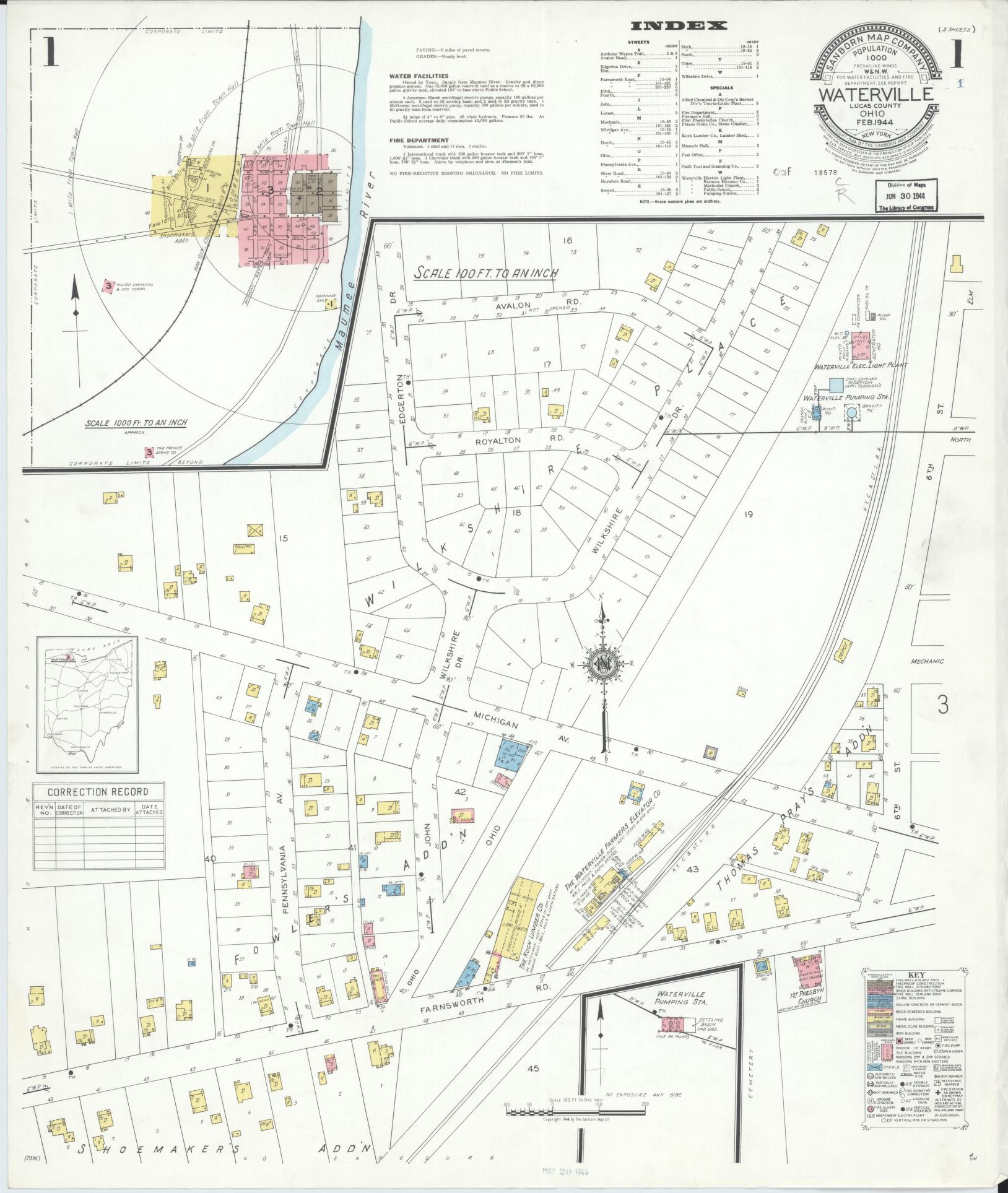 Sanborn Fire Insurance Map from Waterville, Lucas County, Ohio (1944), Sheet #0001 - Historic Sanborn Fire Insurance Map Print, vintage old map wall art, antique decor, genealogy gift, Ohio Ohio map