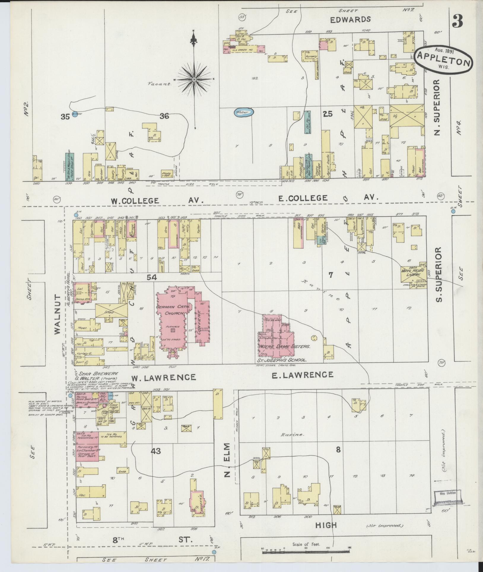 Sanborn Fire Insurance Map from Appleton, Outagamie County, Wisconsin (1891), Sheet #0003 - Historic Sanborn Fire Insurance Map Print, vintage old map wall art, antique decor, genealogy gift, Wisconsin Wisconsin map