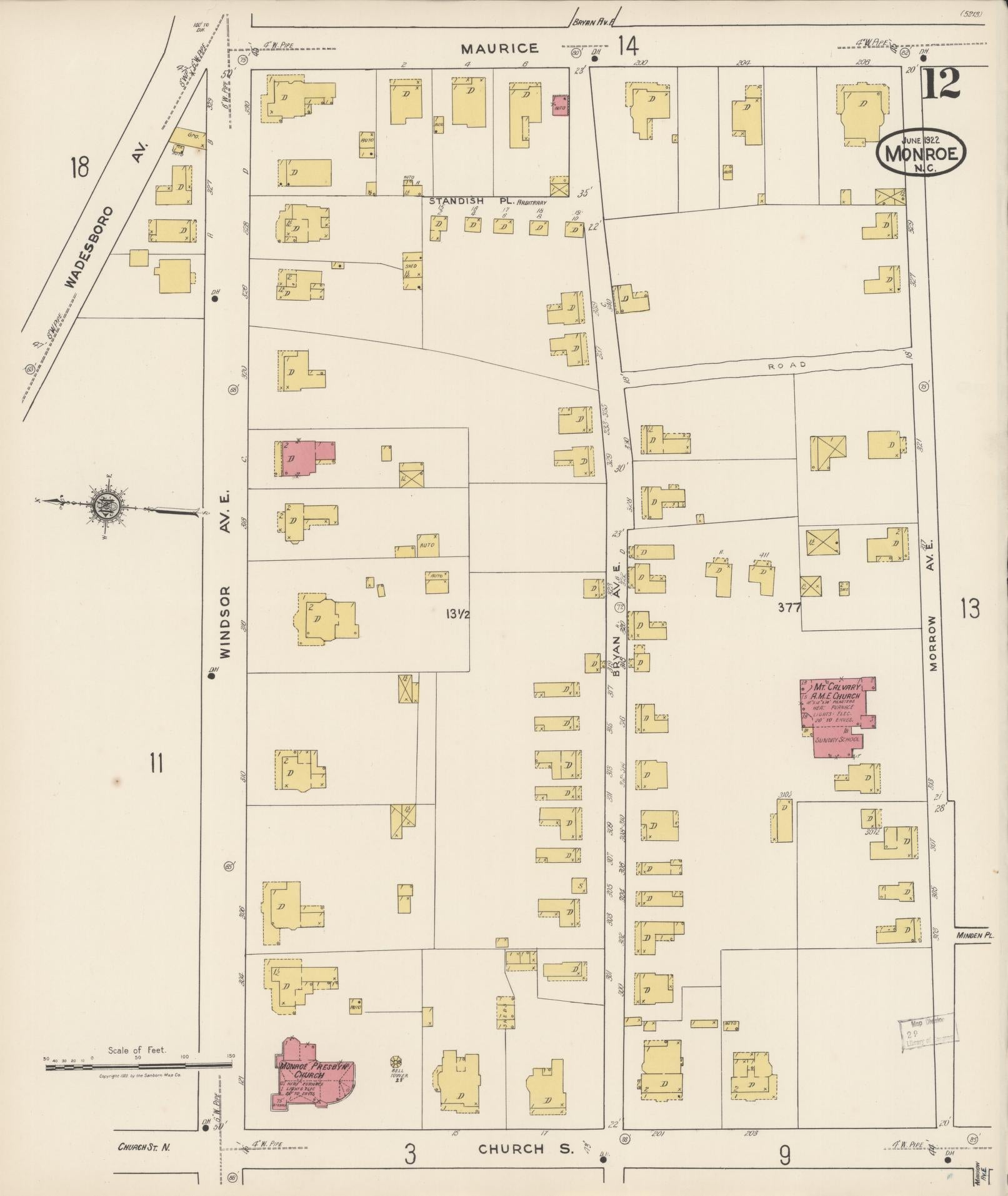 Sanborn Fire Insurance Map from Monroe, Union County, North Carolina (1922), Sheet #0012 - Historic Sanborn Fire Insurance Map Print, vintage old map wall art, antique decor, genealogy gift, North Carolina North Carolina map