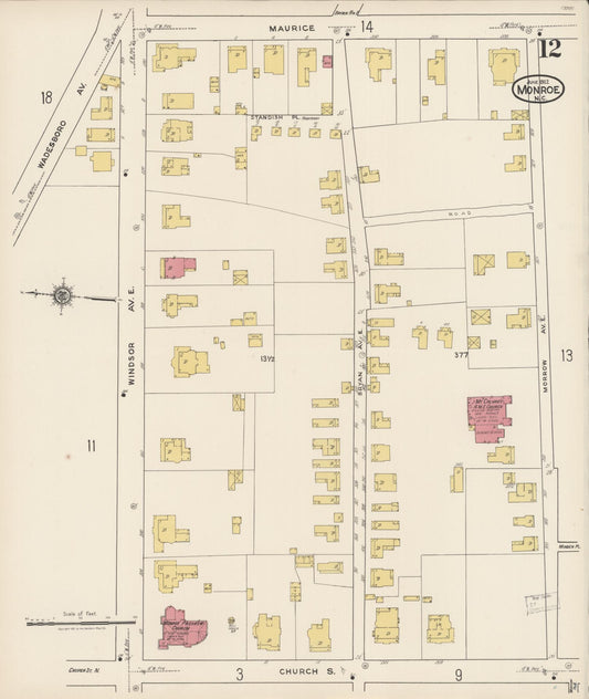 Sanborn Fire Insurance Map from Monroe, Union County, North Carolina (1922), Sheet #0012 - Historic Sanborn Fire Insurance Map Print, vintage old map wall art, antique decor, genealogy gift, North Carolina North Carolina map