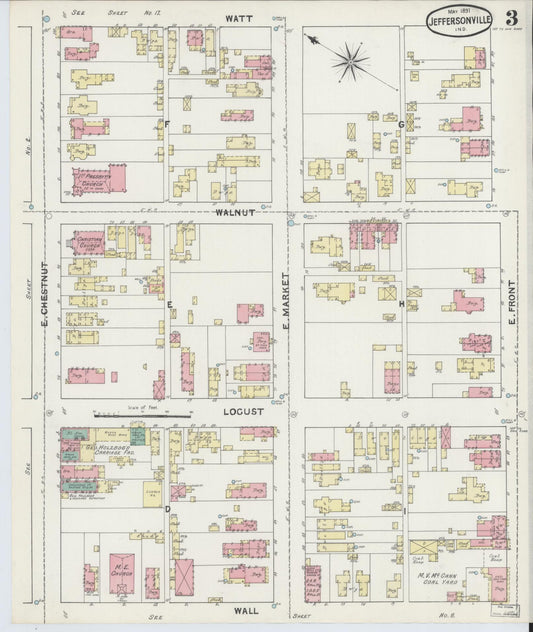 Sanborn Fire Insurance Map from Jeffersonville, Clark County, Indiana (1891), Sheet #0003 - Historic Sanborn Fire Insurance Map Print, vintage old map wall art, antique decor, genealogy gift, Indiana Indiana map