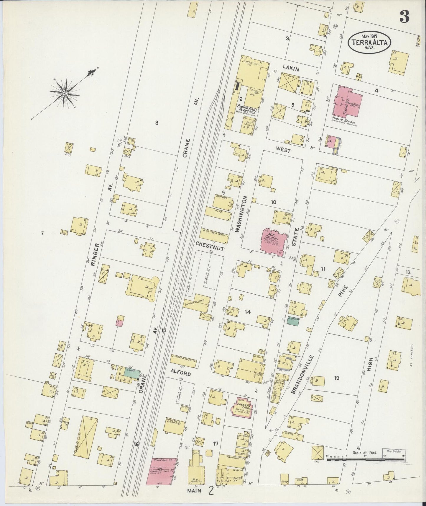 Sanborn Fire Insurance Map from Terra Alta, Preston County, West Virginia (1907), Sheet #0003 - Complete Map Set gallery image, historic Sanborn map, vintage wall art, West Virginia West Virginia