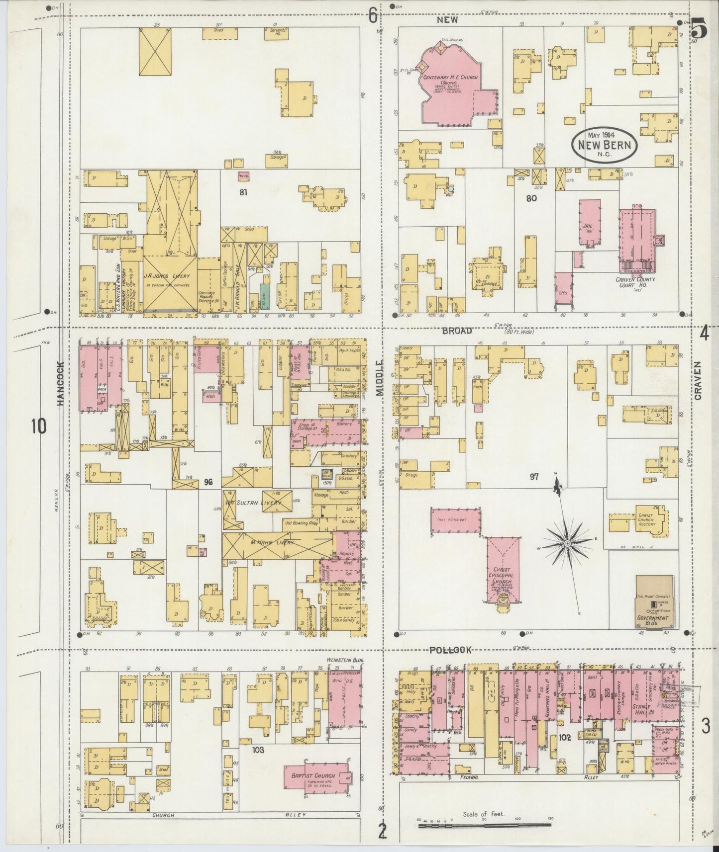 Sanborn Fire Insurance Map from New Bern, Craven County, North Carolina (1904), Sheet #0005 - Historic Sanborn Fire Insurance Map Print, vintage old map wall art, antique decor, genealogy gift, North Carolina North Carolina map