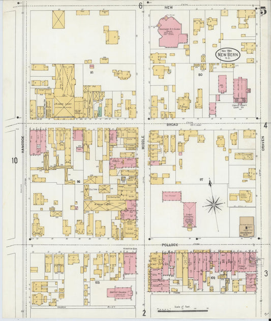 Sanborn Fire Insurance Map from New Bern, Craven County, North Carolina (1904), Sheet #0005 - Historic Sanborn Fire Insurance Map Print, vintage old map wall art, antique decor, genealogy gift, North Carolina North Carolina map