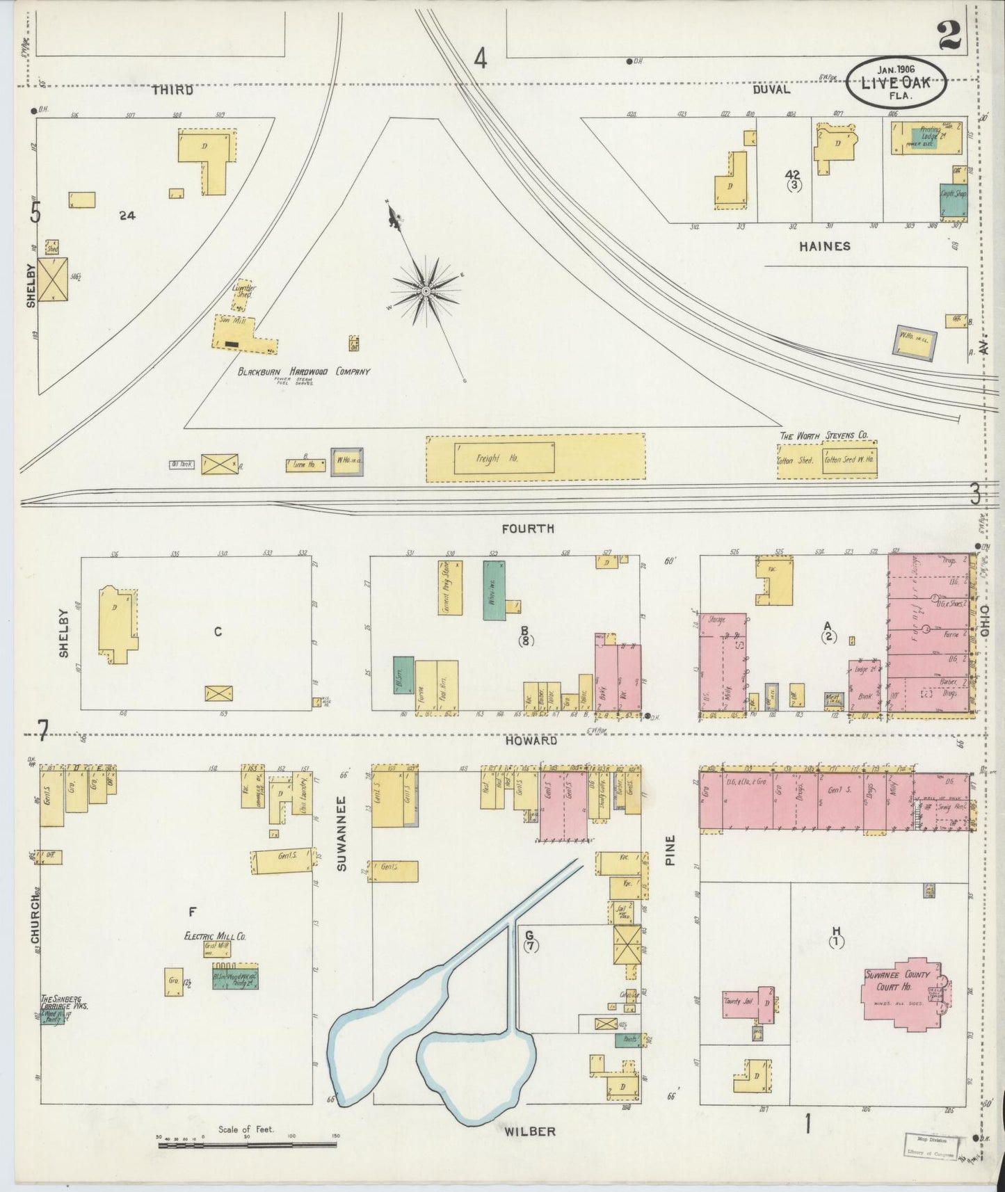 Sanborn Fire Insurance Map from Live Oak, Suwanee County, Florida (1906), Sheet #0002 - Complete Map Set gallery image, historic Sanborn map, vintage wall art, Florida Florida