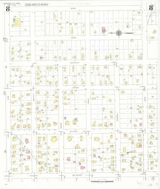 Sanborn Fire Insurance Map from Webster City, Hamilton County, Iowa (1938), Sheet #0008 - Historic Sanborn Fire Insurance Map Print, vintage old map wall art