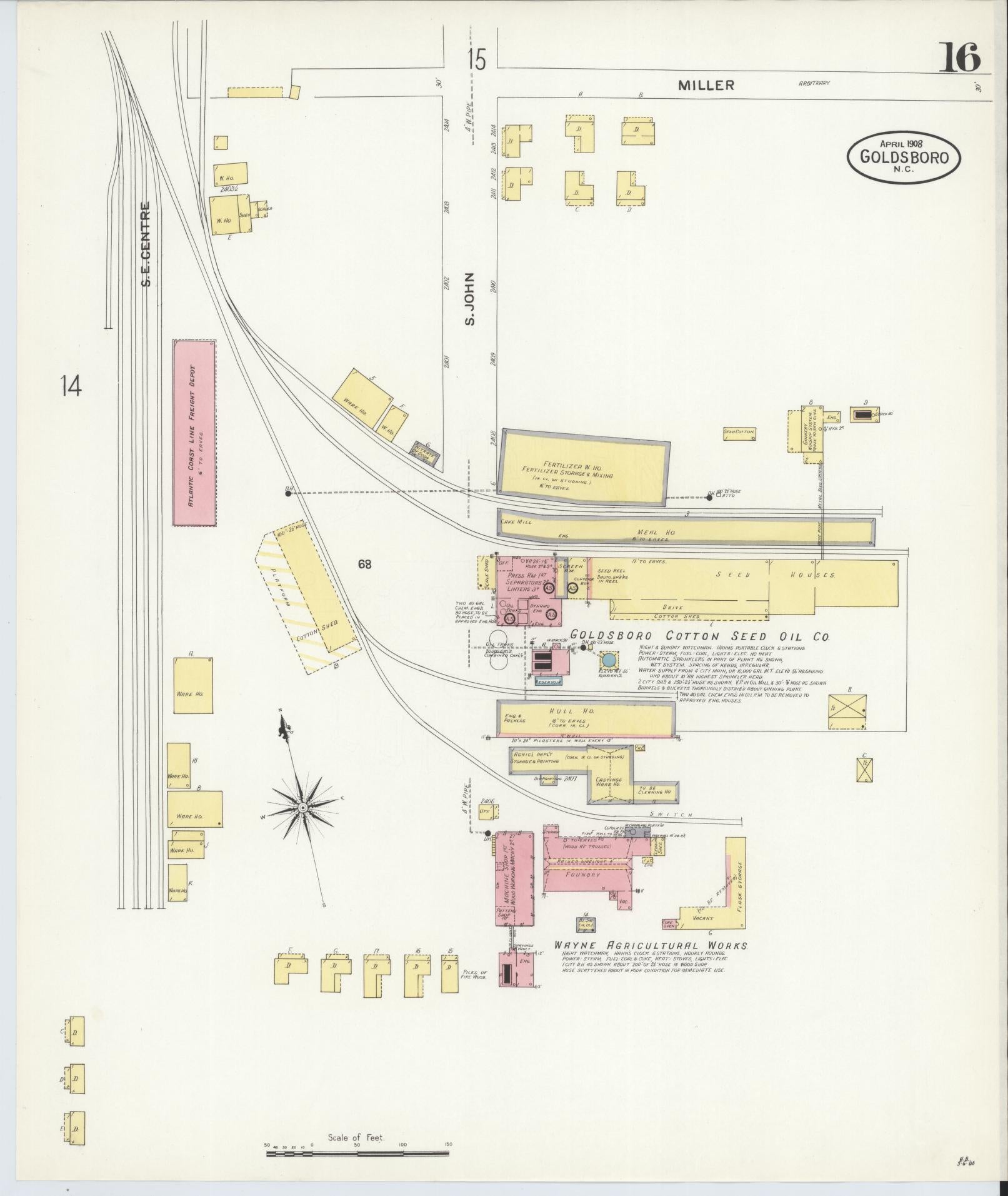 Sanborn Fire Insurance Map from Goldsboro, Wayne County, North Carolina (1908), Sheet #0016 - Historic Sanborn Fire Insurance Map Print, vintage old map wall art, antique decor, genealogy gift, North Carolina North Carolina map