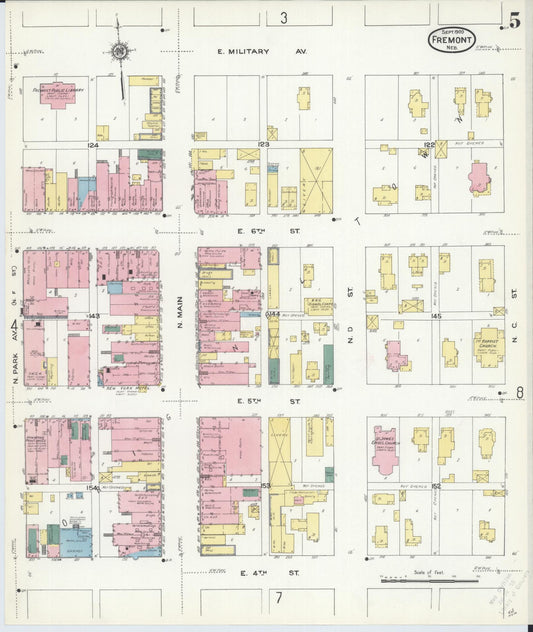 Sanborn Fire Insurance Map from Fremont, Dodge County, Nebraska (1909), Sheet #0005 - Historic Sanborn Fire Insurance Map Print, vintage old map wall art, antique decor, genealogy gift, Nebraska Nebraska map