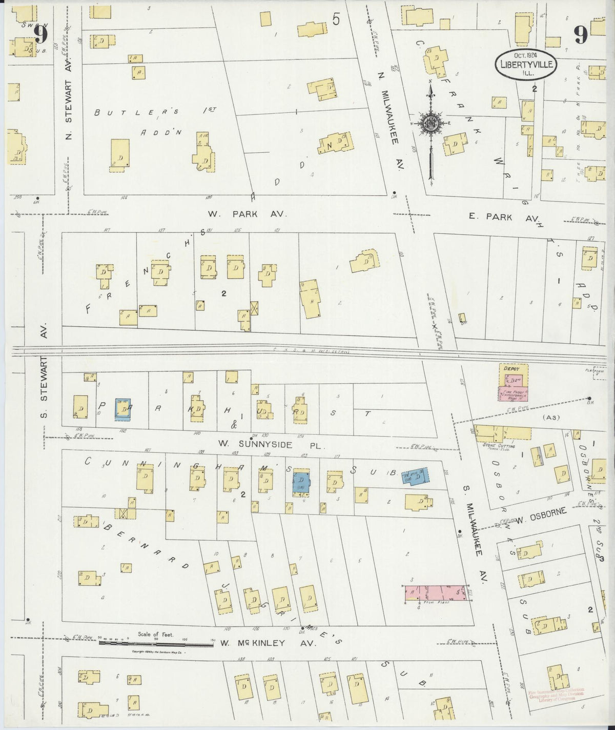 Sanborn Fire Insurance Map from Libertyville, Lake County, Illinois (1924), Sheet #0009 - Complete Map Set gallery image, historic Sanborn map, vintage wall art, Illinois Illinois