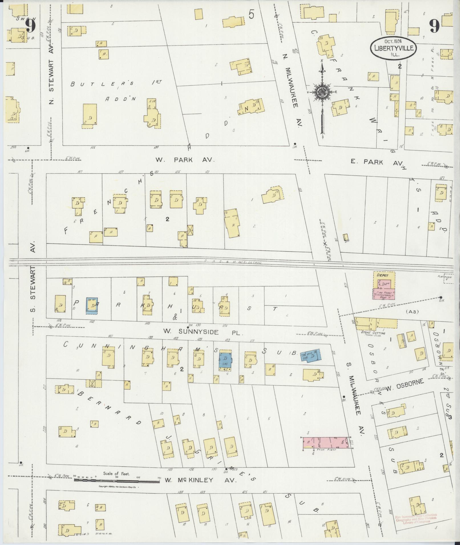 Sanborn Fire Insurance Map from Libertyville, Lake County, Illinois (1924), Sheet #0009 - Complete Map Set gallery image, historic Sanborn map, vintage wall art, Illinois Illinois