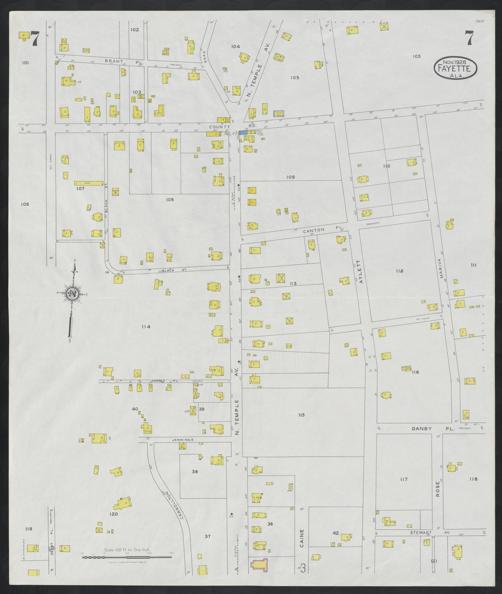 Sanborn Fire Insurance Map from Fayette, Fayette County, Alabama (1928), Sheet #0007 - Complete Map Set gallery image, historic Sanborn map, vintage wall art, Alabama Alabama