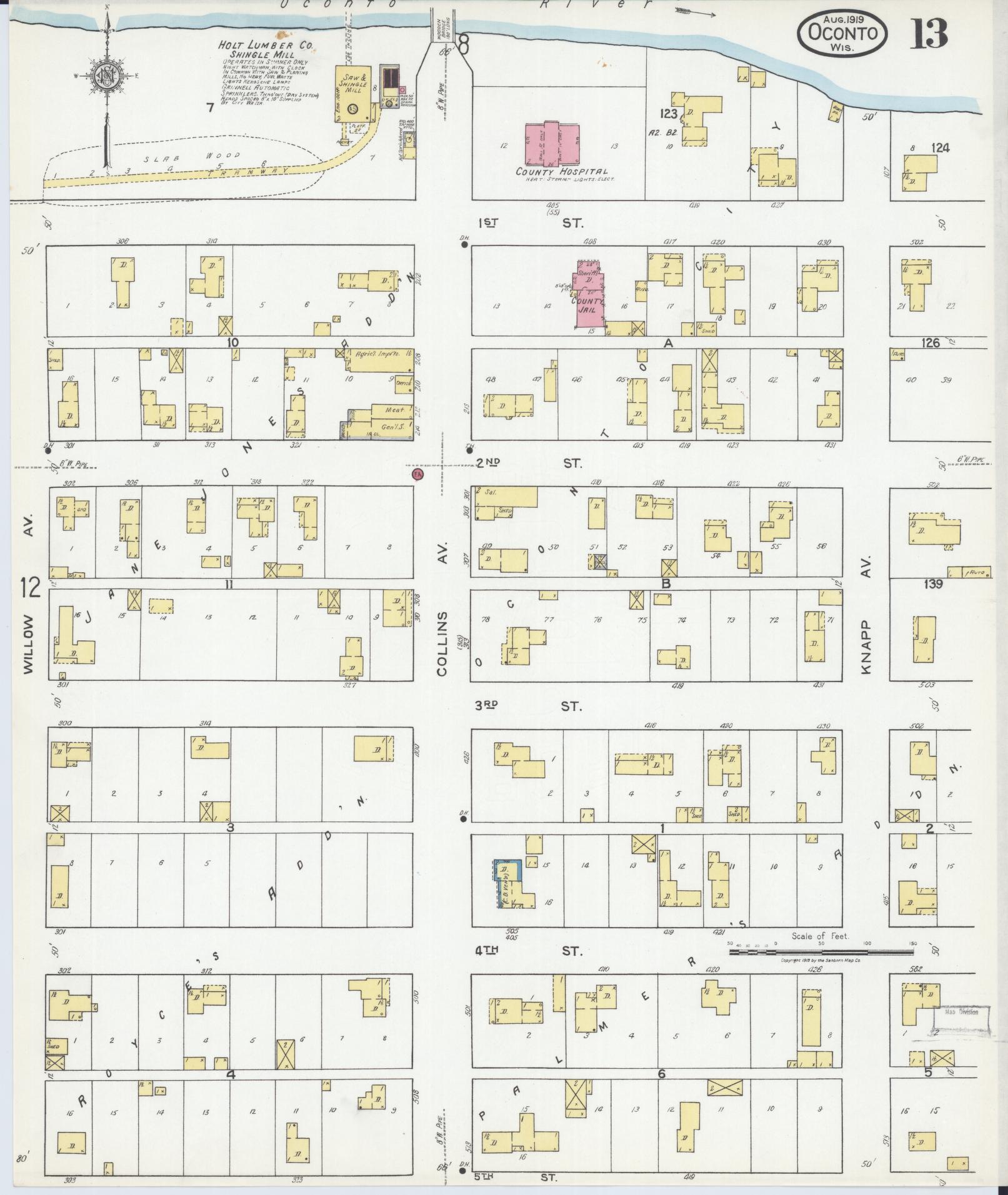 Sanborn Fire Insurance Map from Oconto, Oconto County, Wisconsin (1919), Sheet #0013 - Complete Map Set gallery image, historic Sanborn map, vintage wall art, Wisconsin Wisconsin