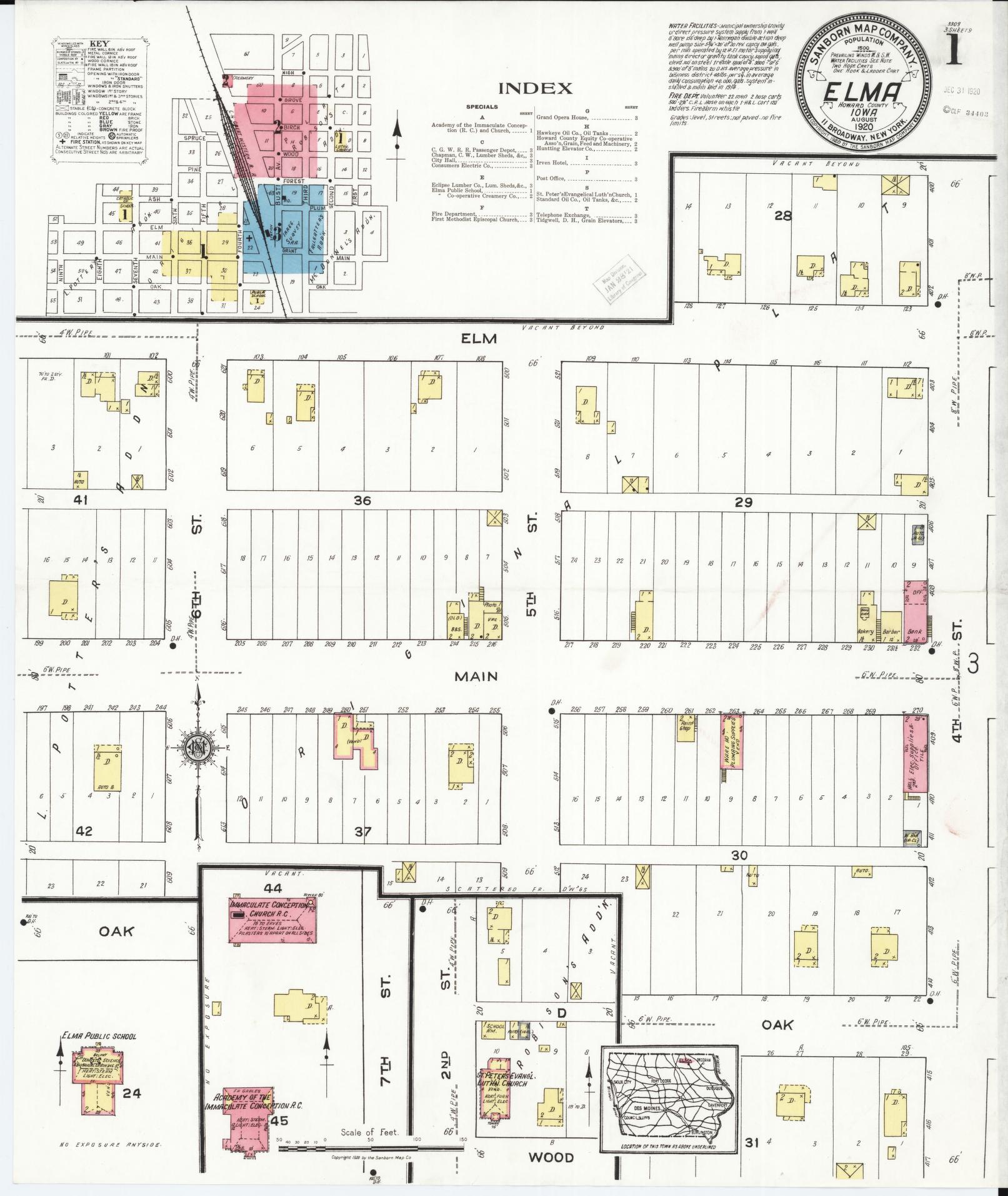 Sanborn Fire Insurance Map from Elma, Howard County, Iowa (1920), Sheet #0001 - Historic Sanborn Fire Insurance Map Print, vintage old map wall art