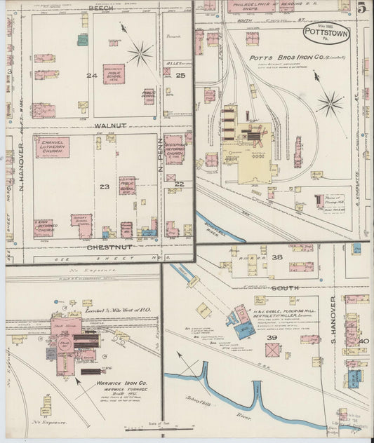 Sanborn Fire Insurance Map from Pottstown, Montgomery County, Pennsylvania (1885), Sheet #0005 - Historic Sanborn Fire Insurance Map Print, vintage old map wall art, antique decor, genealogy gift, Pennsylvania Pennsylvania map