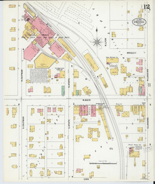 Sanborn Fire Insurance Map from Owosso, Shiawassee County, Michigan (1900), Sheet #0012 - Historic Sanborn Fire Insurance Map Print, vintage old map wall art, antique decor, genealogy gift, Michigan Michigan map