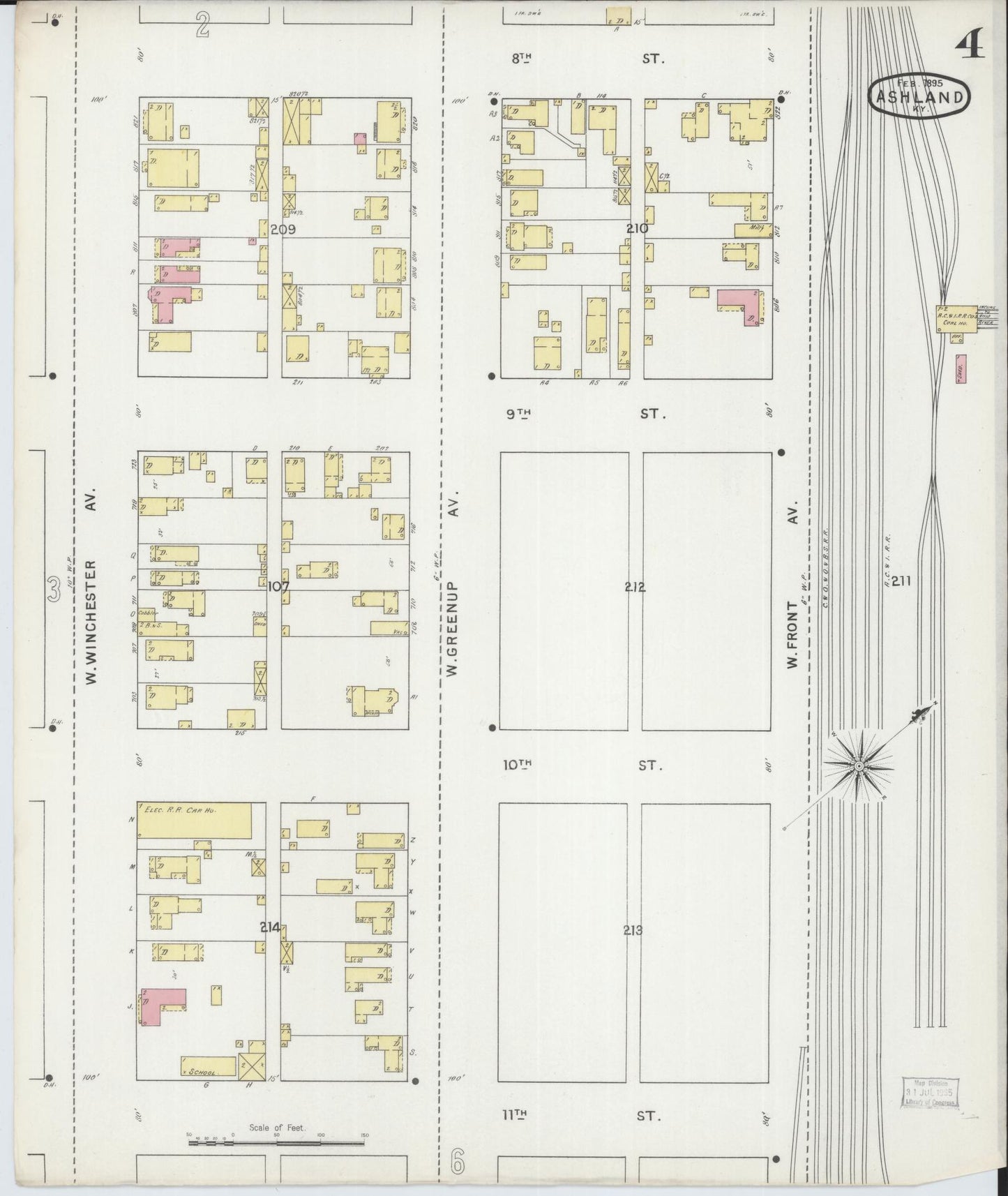 Sanborn Fire Insurance Map from Ashland, Boyd County, Kentucky (1895), Sheet #0004 - Historic Sanborn Fire Insurance Map Print, vintage old map wall art, antique decor, genealogy gift, Kentucky Kentucky map