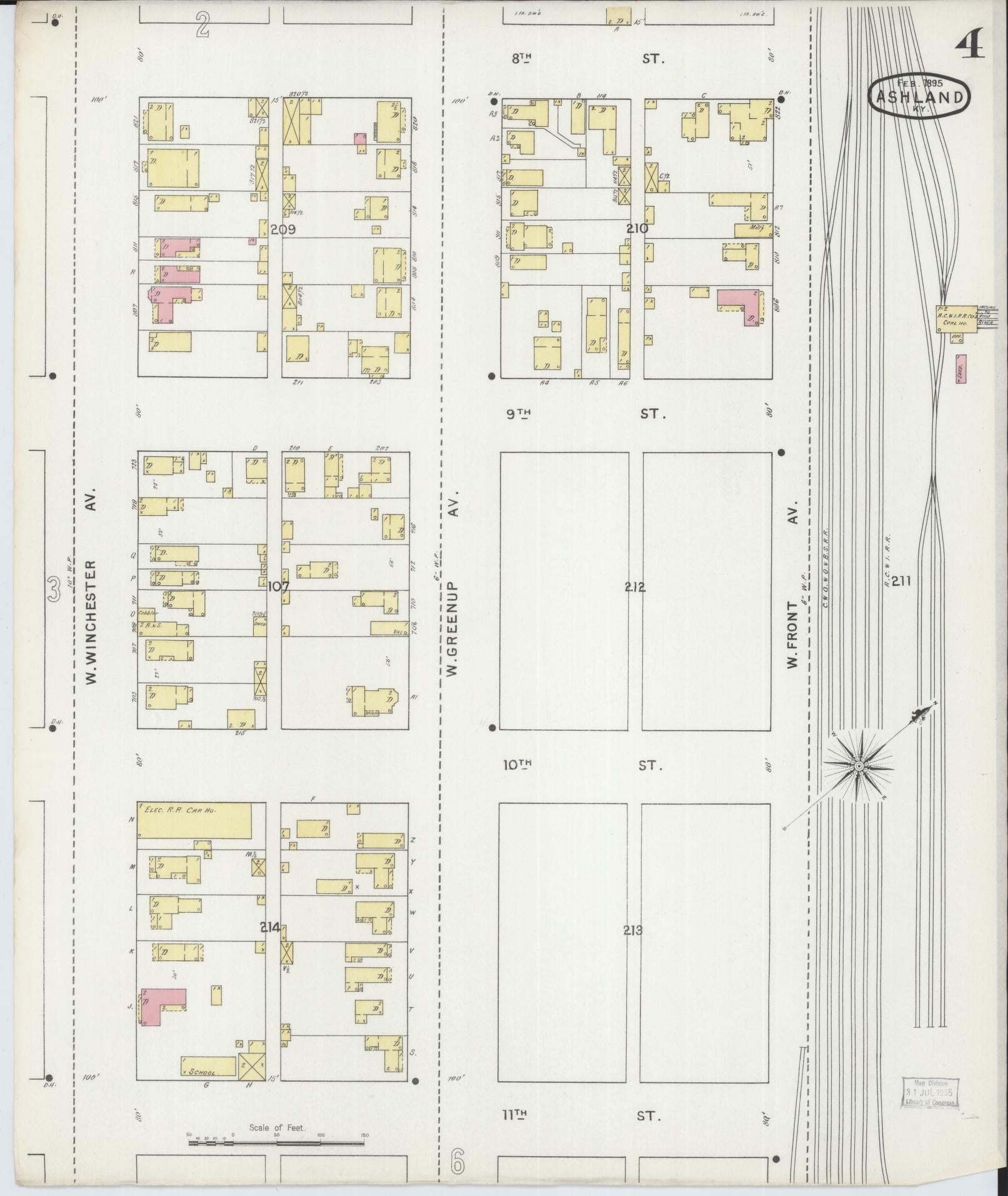 Sanborn Fire Insurance Map from Ashland, Boyd County, Kentucky (1895), Sheet #0004 - Historic Sanborn Fire Insurance Map Print, vintage old map wall art, antique decor, genealogy gift, Kentucky Kentucky map