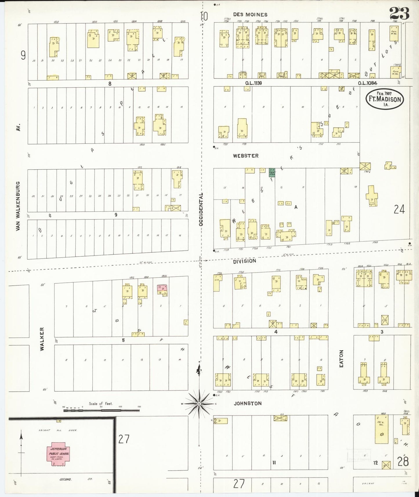 Sanborn Fire Insurance Map from Fort Madison, Lee County, Iowa (1907), Sheet #0023 - Historic Sanborn Fire Insurance Map Print, vintage old map wall art