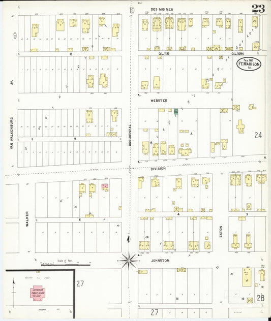 Sanborn Fire Insurance Map from Fort Madison, Lee County, Iowa (1907), Sheet #0023 - Historic Sanborn Fire Insurance Map Print, vintage old map wall art