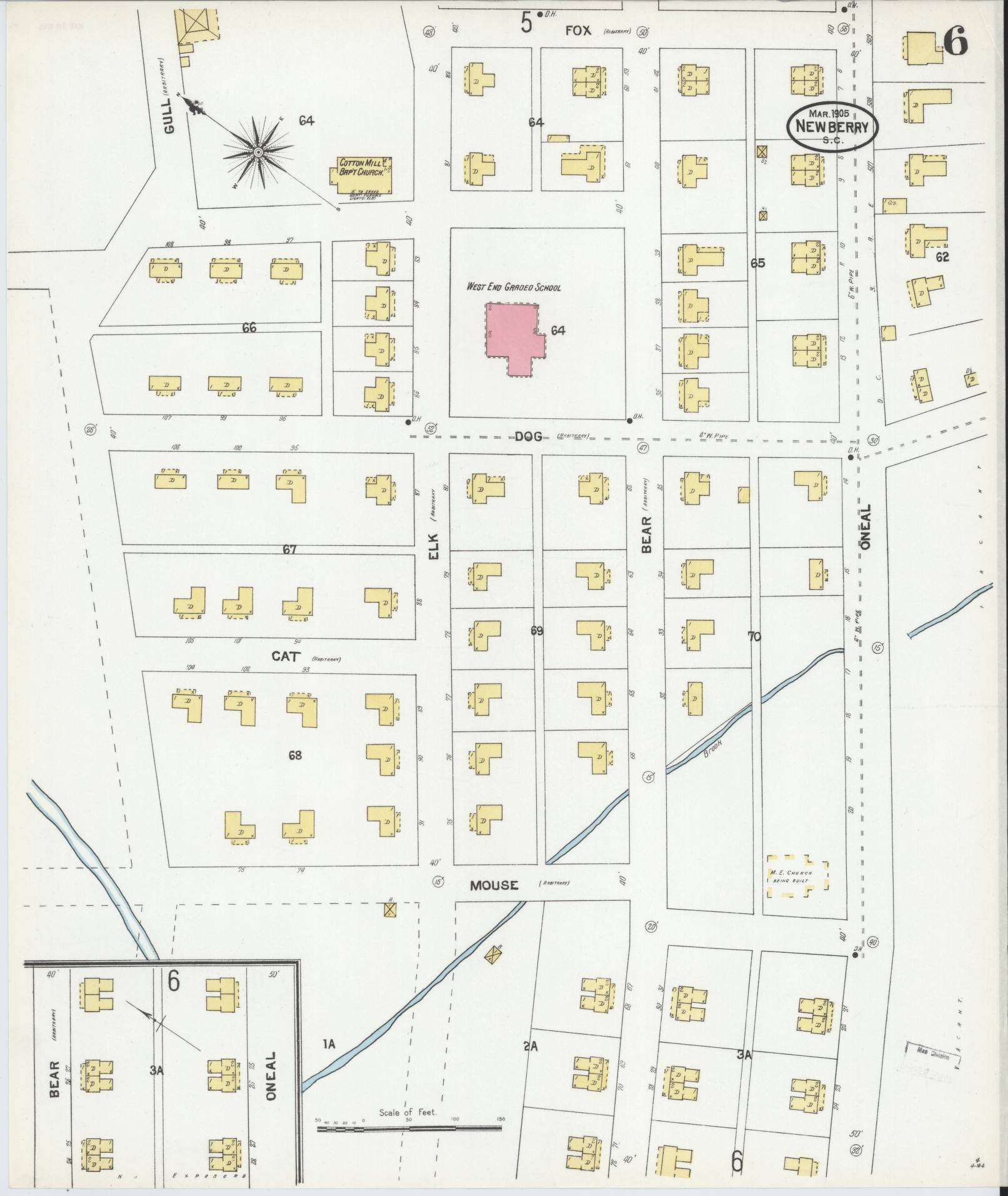 Sanborn Fire Insurance Map from Newberry, Newberry County, South Carolina (1905), Sheet #0006 - Historic Sanborn Fire Insurance Map Print, vintage old map wall art, antique decor, genealogy gift, South Carolina South Carolina map