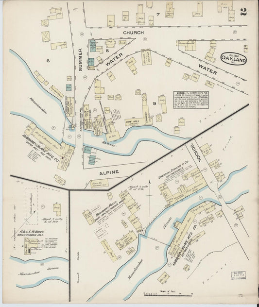 Sanborn Fire Insurance Map from Oakland, Knnebec County, Maine (1884), Sheet #0002 - Historic Sanborn Fire Insurance Map Print, vintage old map wall art, antique decor, genealogy gift, Maine Maine map