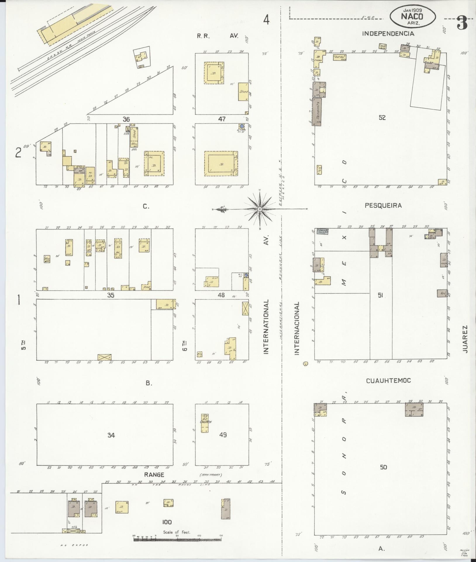Sanborn Fire Insurance Map from Naco, Cochise County, Arizona (1909), Sheet #0003 - Complete Map Set gallery image, historic Sanborn map, vintage wall art, Arizona Arizona